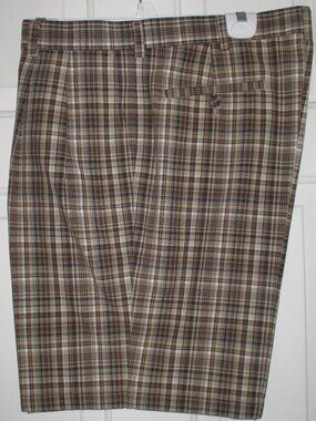 Roundtree & Yorke Gold Label Mens Pleated Front Tan Cotton Plaid Golf Short- 36W